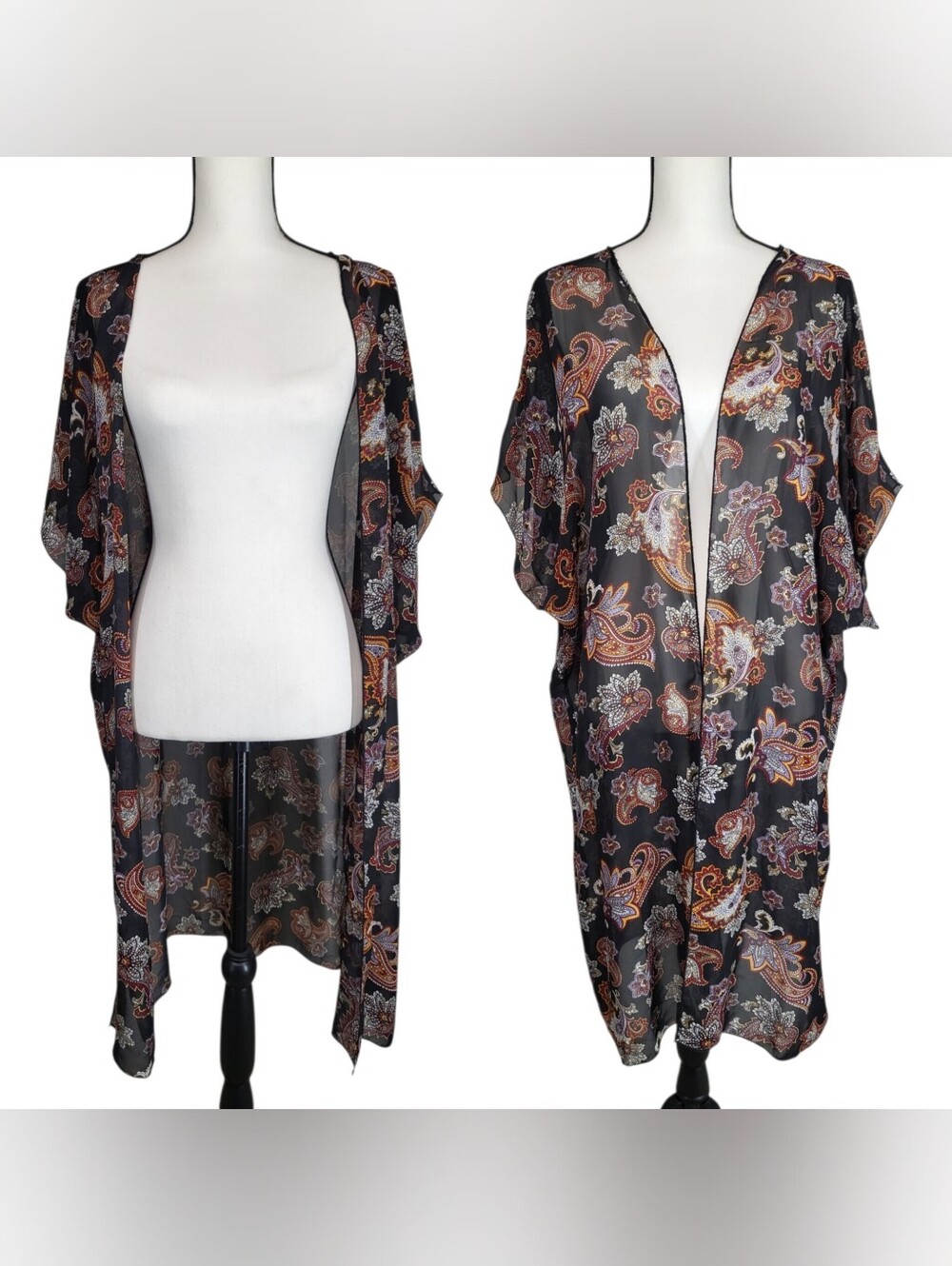 Vibe Sportwear Paisley Print Sheer Kimono Duster Boho Chic Beach Cover-up Size L